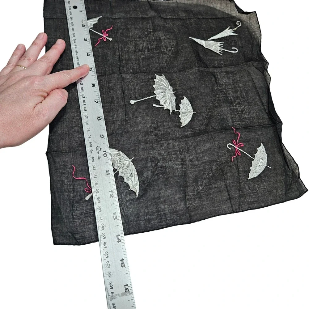 Vintage 60 Kimball Switzerland Embroidered Scarf Black White Umbrellas Pink Bows